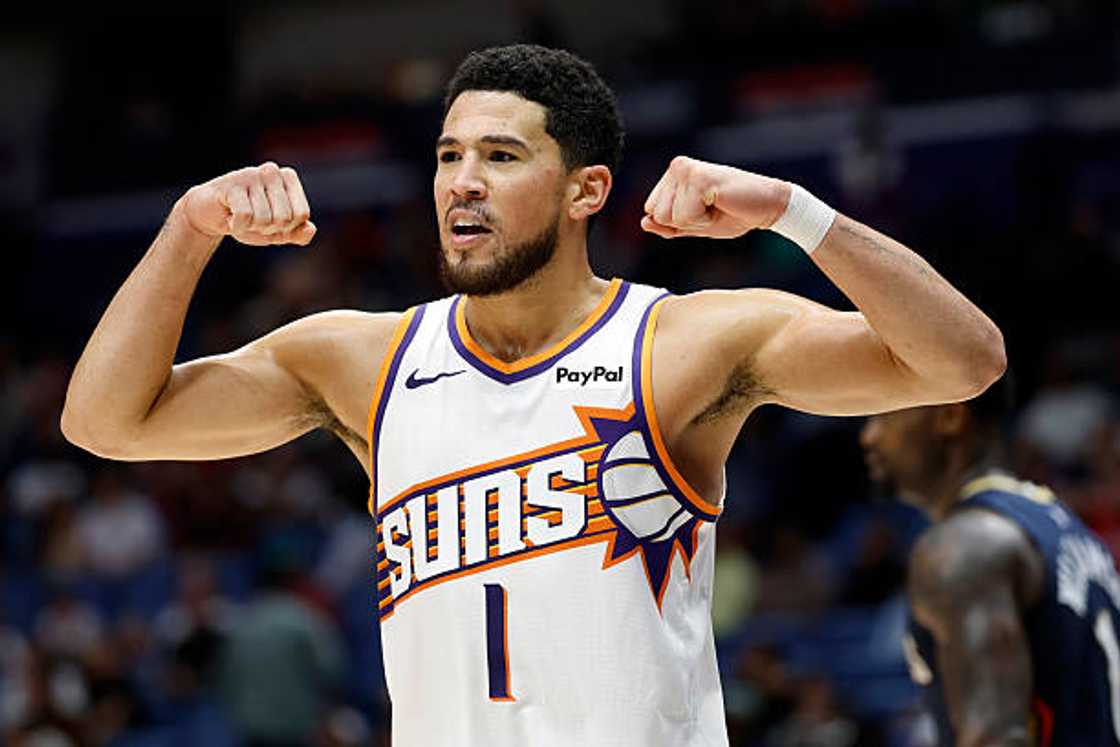 Devin Booker of the Phoenix Suns reacts during the second half of a game against the New Orleans Pelicans at Smoothie King Center.