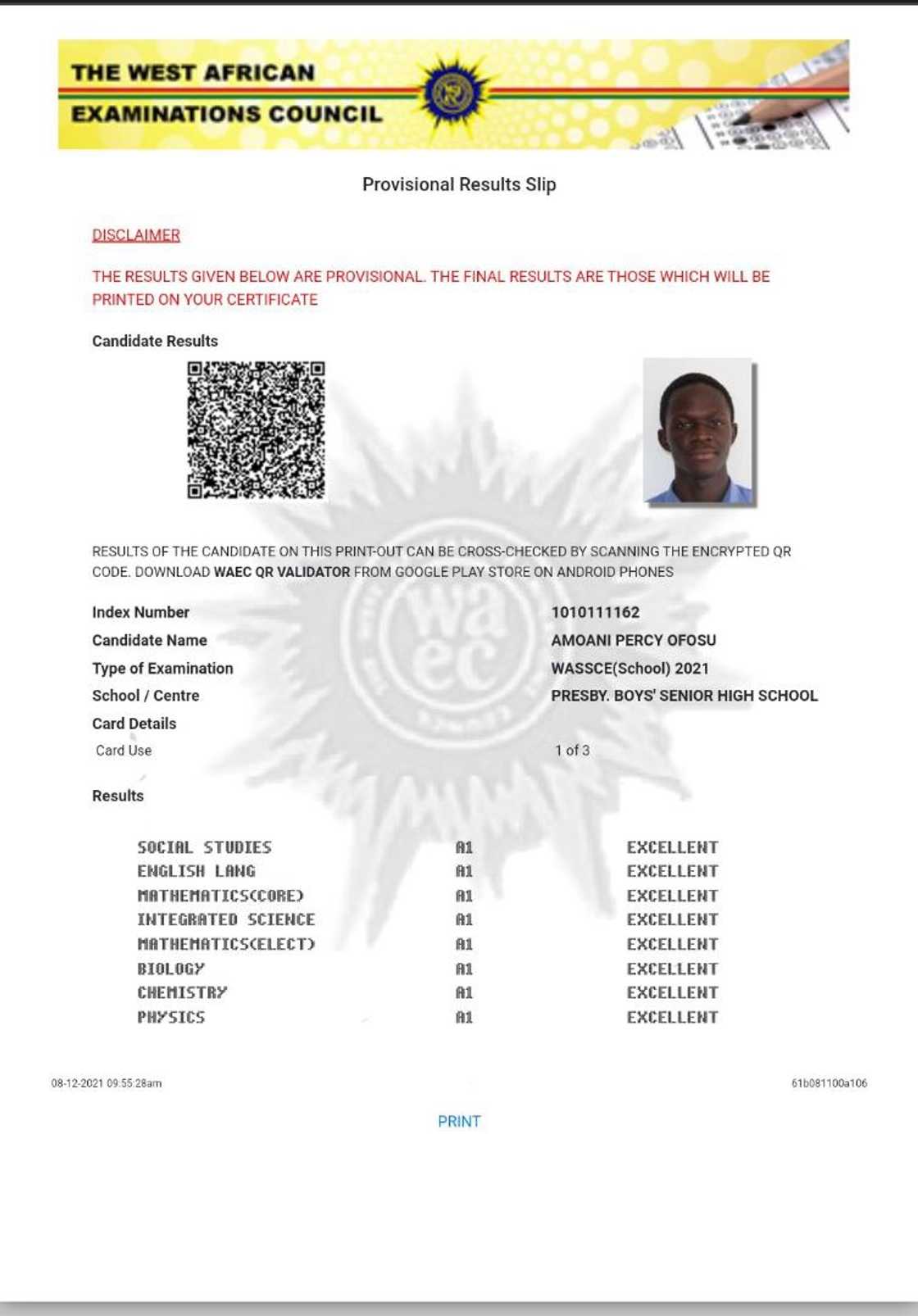 Percy Amoani's WASSCE results Percy Amoani's WASSCE results