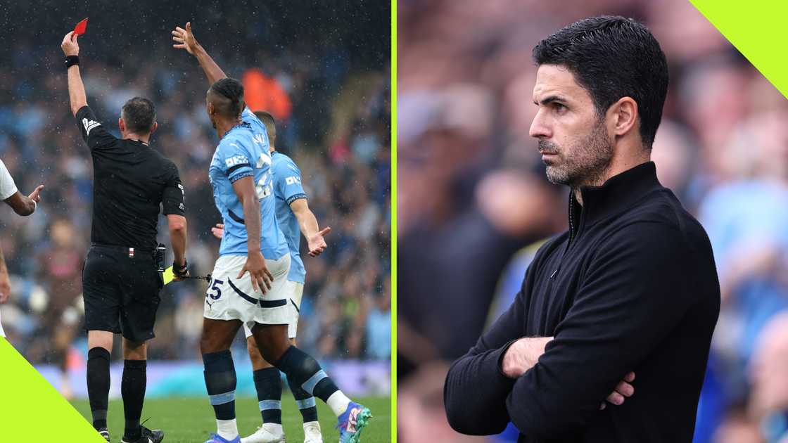 Mikel Arteta was frustrated after Leandro Trossard was sent off during Arsenal's Premier League clash with Manchester City. Mikel Arteta was frustrated after Leandro Trossard was sent off during Arsenal's Premier League clash with Manchester City.