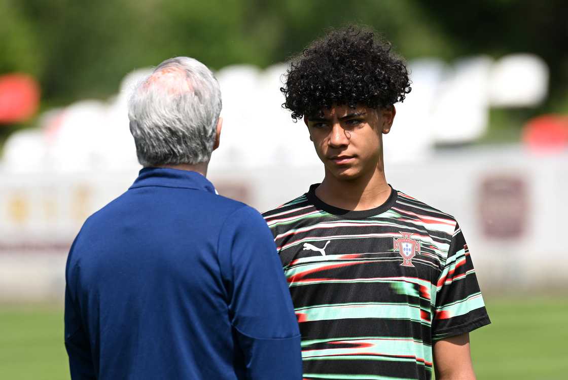 Cristiano Ronaldo Jr of Portugal speaks to a coach prior to the Men's U15 International match between Portugal and Japan as part of the Vlatko Markovic tournament at Stadium Sveti Martin na Muri on May 13, 2025 in Zagreb, Croatia Cristiano Ronaldo Jr of Portugal speaks to a coach prior to the Men's U15 International match between Portugal and Japan as part of the Vlatko Markovic tournament at Stadium Sveti Martin na Muri on May 13, 2025 in Zagreb, Croatia