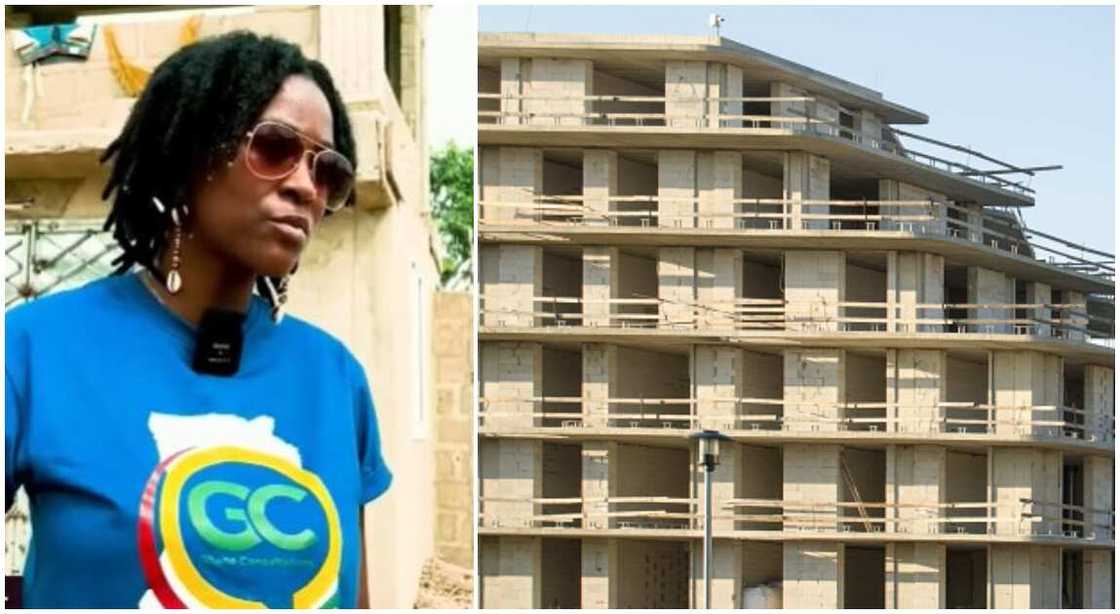 A lady and an uncompleted building A lady and an uncompleted building
