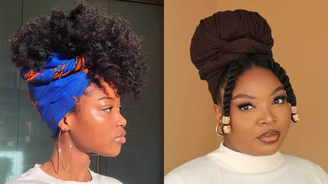 Woman wearing stylish kinky Afro with headscarves Woman wearing stylish kinky Afro with headscarves