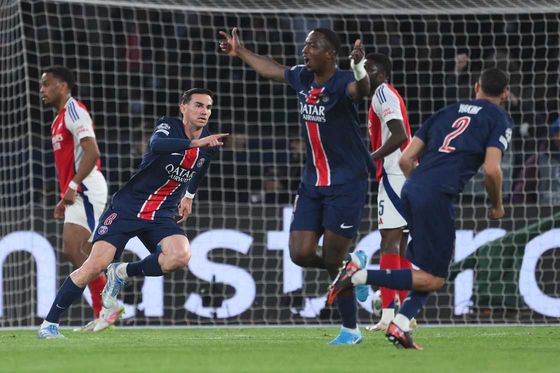 Fabian Ruiz celebrates scoring his team's first goal with teammates William Pacho and Achraf Hakimi during the UEFA Champions League 2024/25 Semi Final Second Leg match between Paris Saint-Germain and Arsenal FC at Parc des Princes on May 07, 2025 Fabian Ruiz celebrates scoring his team's first goal with teammates William Pacho and Achraf Hakimi during the UEFA Champions League 2024/25 Semi Final Second Leg match between Paris Saint-Germain and Arsenal FC at Parc des Princes on May 07, 2025