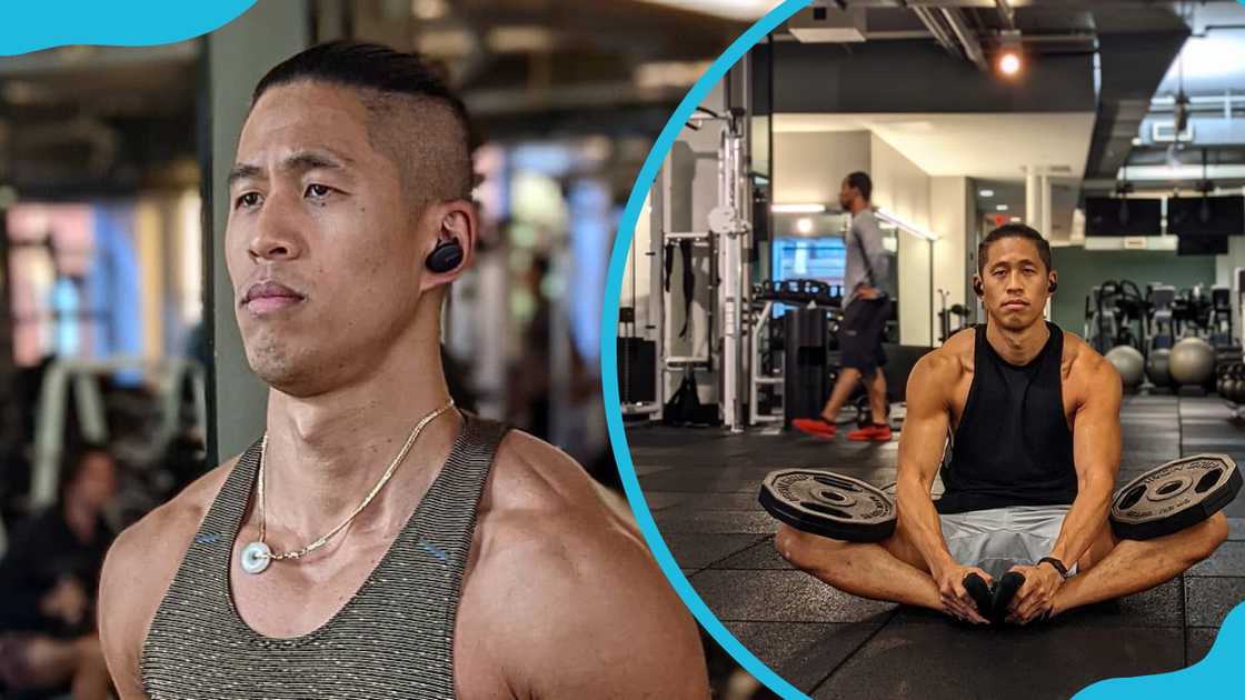 Daniel Wai holds 45 lbs weights (L). Daniel stretches in a fitness room (R) Daniel Wai holds 45 lbs weights (L). Daniel stretches in a fitness room (R)