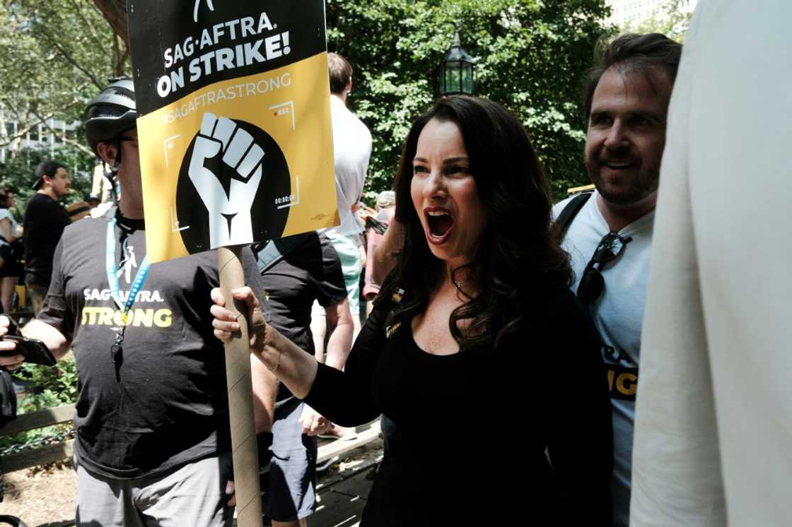 SAG-AFTRA President Fran Drescher joins picketers at New York City Hall as members of the actors' union continue to walk the picket line with screenwriters