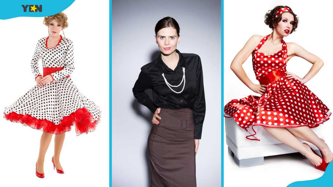 A woman in a classic dress (L), a lady in a dark brown skirt (C), and a woman adorning a red dress with white polka dots (R) A woman in a classic dress (L), a lady in a dark brown skirt (C), and a woman adorning a red dress with white polka dots (R)