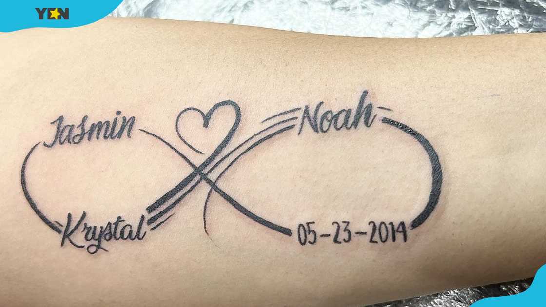 Name and date-themed infinity-style tattoo