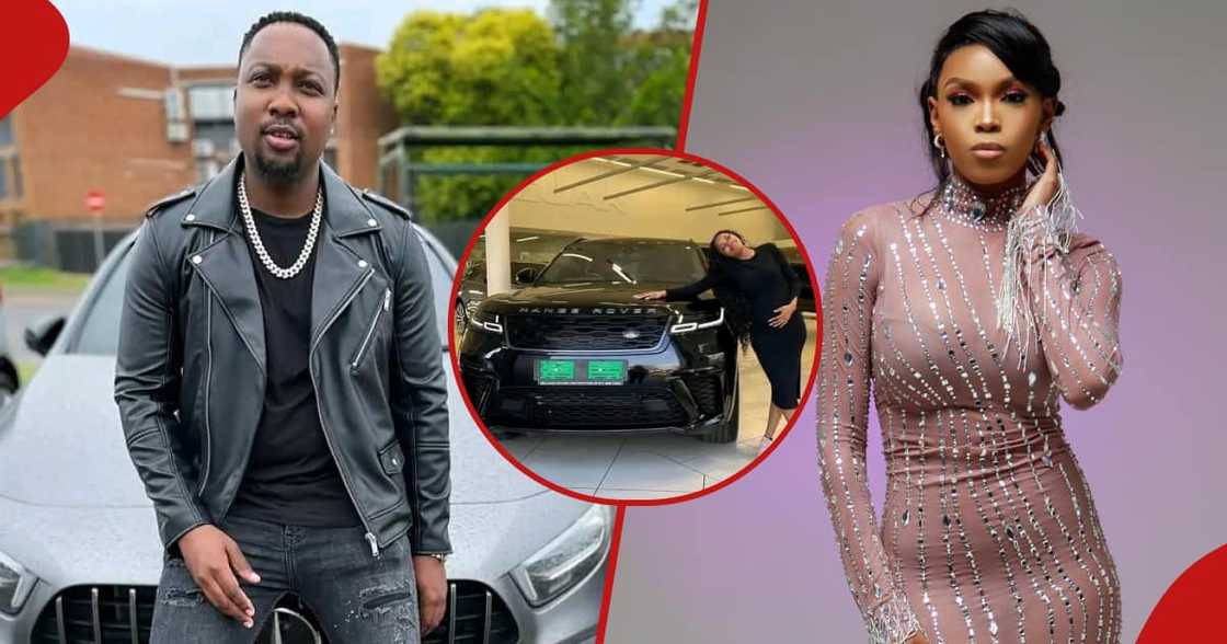 The left frame shows Fidelis Moema sitting on the hood of a Merced Benz and in the right frame his baby mama Sthe Bhengu poses for a photo. The inset shows Bhengu with her hand on the hood of the Range Rover Fidelis bought her. The left frame shows Fidelis Moema sitting on the hood of a Merced Benz and in the right frame his baby mama Sthe Bhengu poses for a photo. The inset shows Bhengu with her hand on the hood of the Range Rover Fidelis bought her.