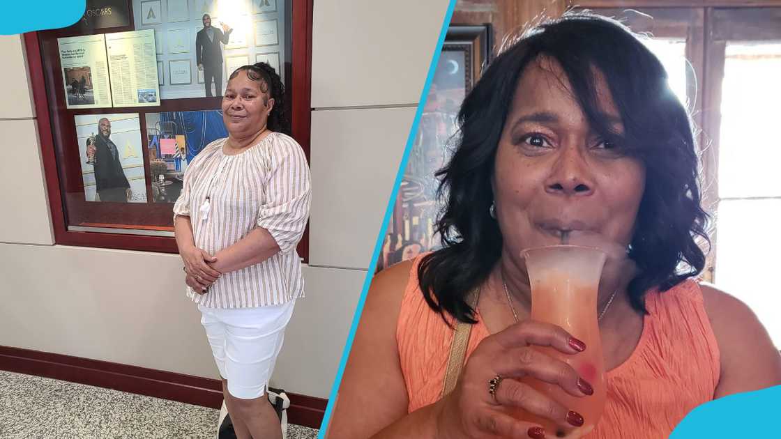 Melva Porter standing at a commemorative exhibit (L) and sipping a layered fruit drink indoors (R).
