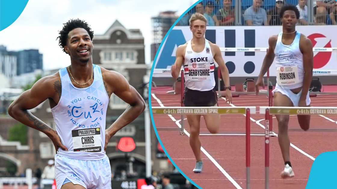 Chris Robinson, wardrobe malfunction, 400-metre hurdles, Ostrava Golden Spike meet, Czech Republic. Chris Robinson, wardrobe malfunction, 400-metre hurdles, Ostrava Golden Spike meet, Czech Republic.