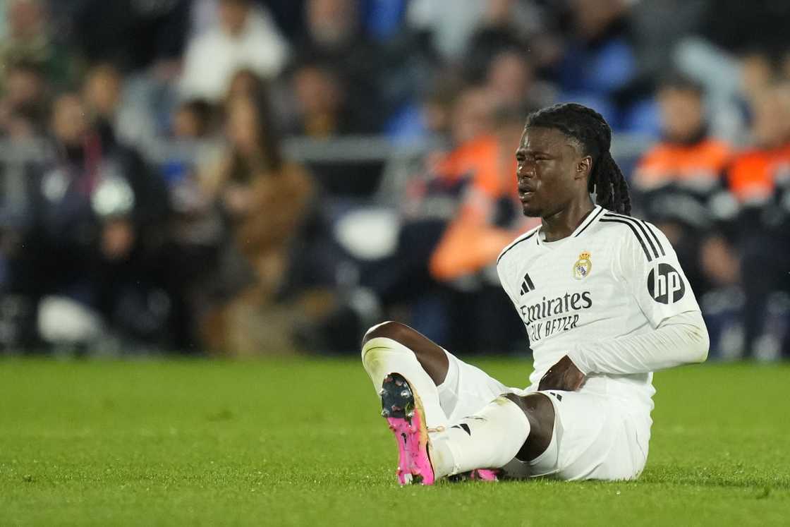 Eduardo Camavinga central midfield of Real Madrid and France lies injured on the pitch during the La Liga match between Getafe CF and Real Madrid CF at Estadio Coliseum on April 23, 2025 in Getafe, Spain Eduardo Camavinga central midfield of Real Madrid and France lies injured on the pitch during the La Liga match between Getafe CF and Real Madrid CF at Estadio Coliseum on April 23, 2025 in Getafe, Spain