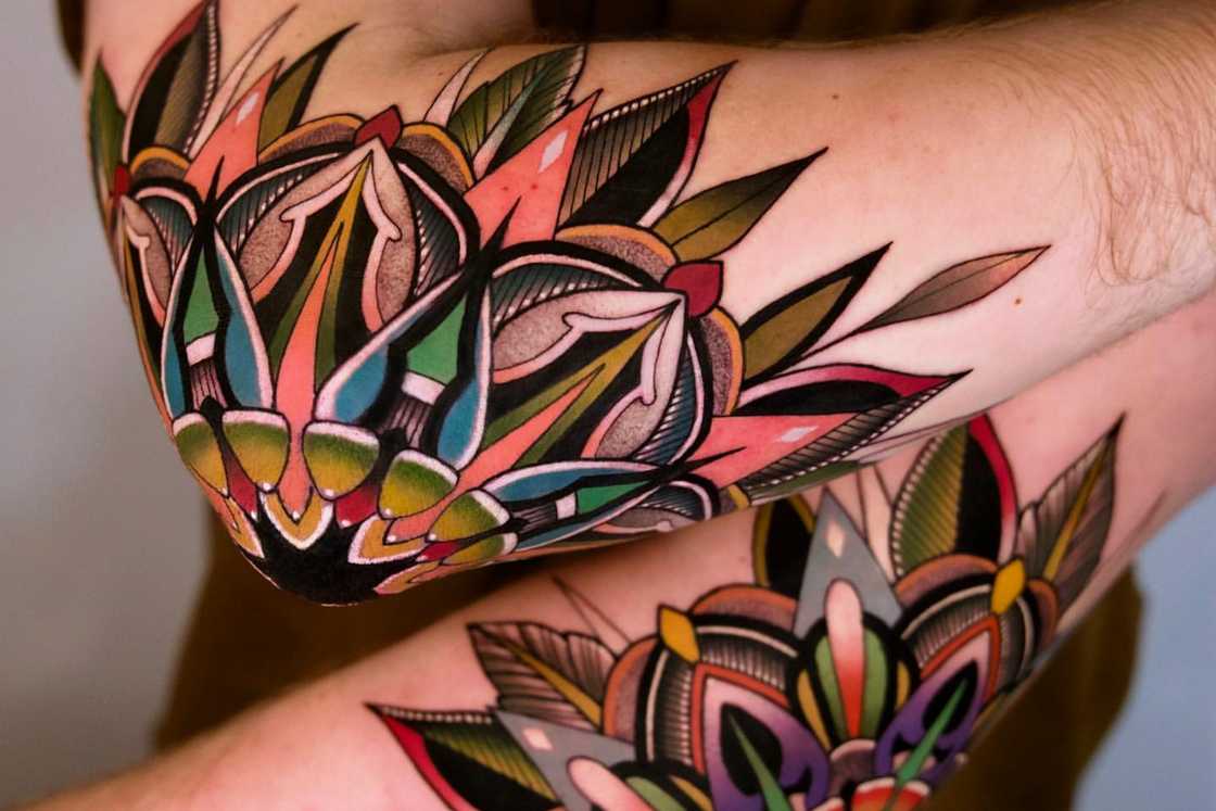An eye-catching neo-traditional mandala elbow body art An eye-catching neo-traditional mandala elbow body art