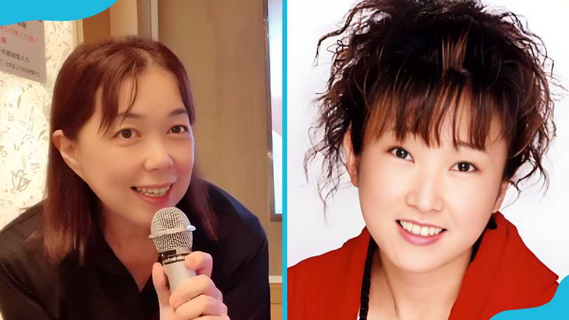 Kumiko Nishihara is sitting inside a room (L). She is posing for a photograph (R)