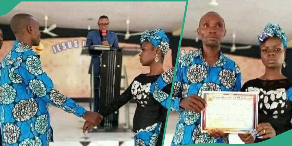 Nigerian couple wear matching native attires as they hold simple church wedding Nigerian couple wear matching native attires as they hold simple church wedding