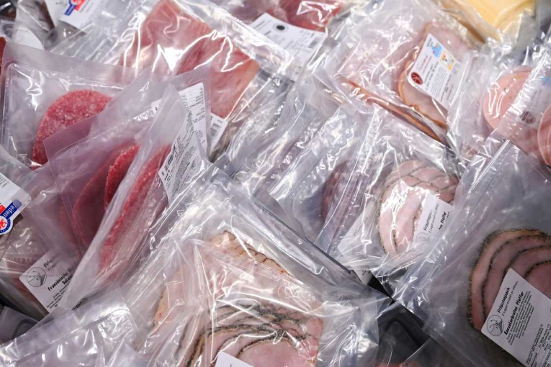 Sausage products in plastic packages are on display in a refrigerated shelf at a store of the Penny supermarket chain in Berlin, Germany, on August 1, 2023