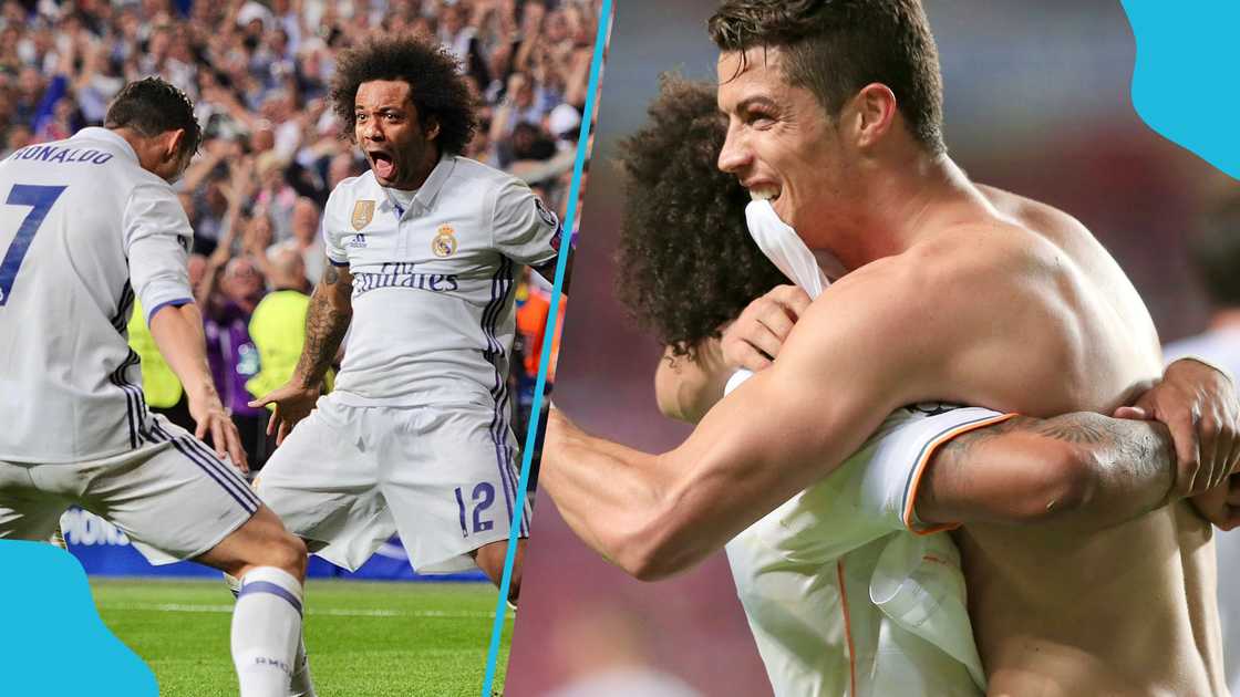 Cristiano Ronaldo celebrates with Marcelo. Cristiano Ronaldo celebrates with Marcelo.