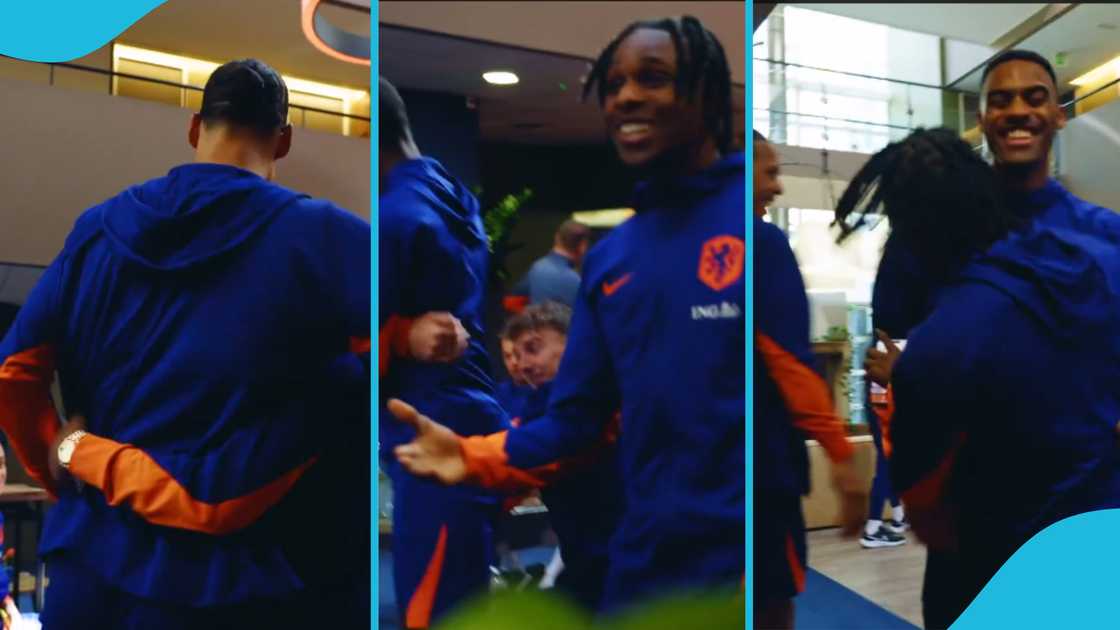 Jeremie Frimpong jokes with his Holland teammates. Jeremie Frimpong jokes with his Holland teammates.