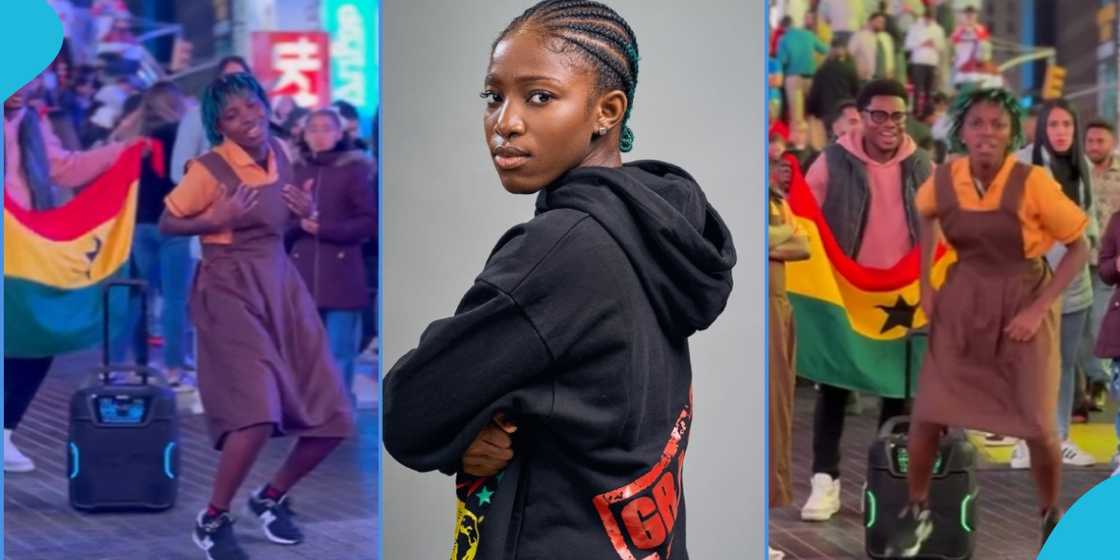 Lisa Quama danced in the heart of Times Square, New York, in a Ghanaian school outfit amidst a large crowd Lisa Quama danced in the heart of Times Square, New York, in a Ghanaian school outfit amidst a large crowd