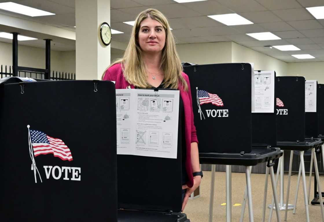 Joanna Francescut, the election registrar in California's Shasta County, stands in a voting precinct in Redding on February 24, 2024 Joanna Francescut, the election registrar in California's Shasta County, stands in a voting precinct in Redding on February 24, 2024