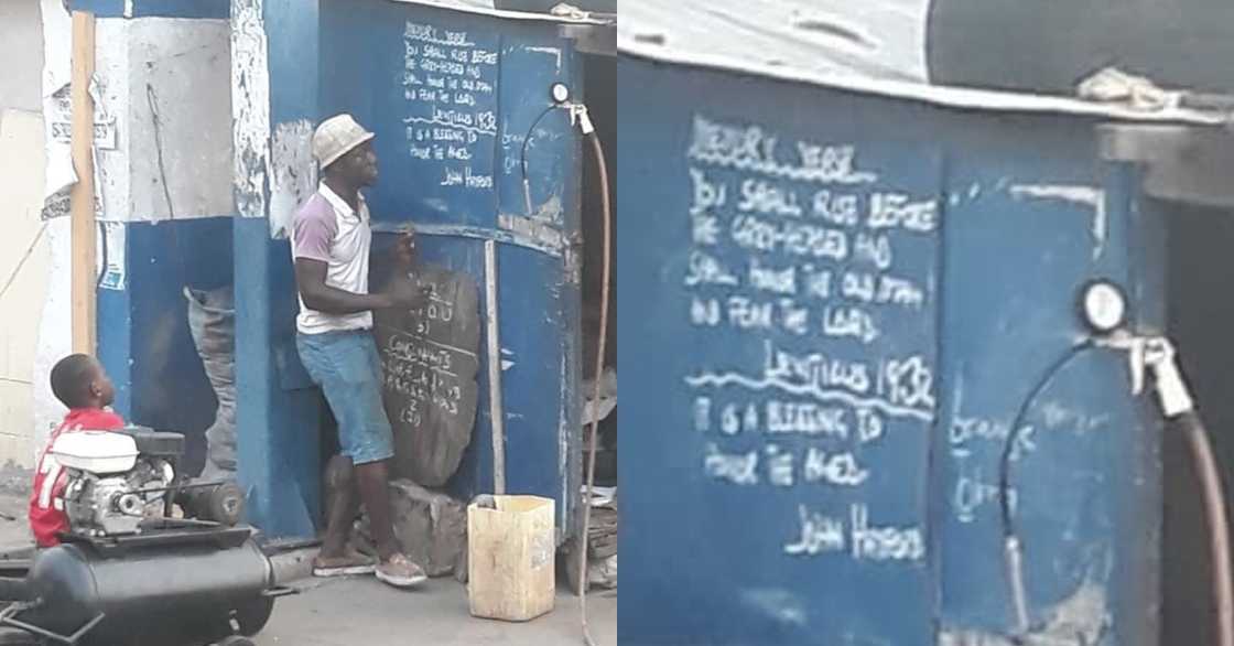 Street vulcanizer in Accra spotted teaching young boy serious English Street vulcanizer in Accra spotted teaching young boy serious English