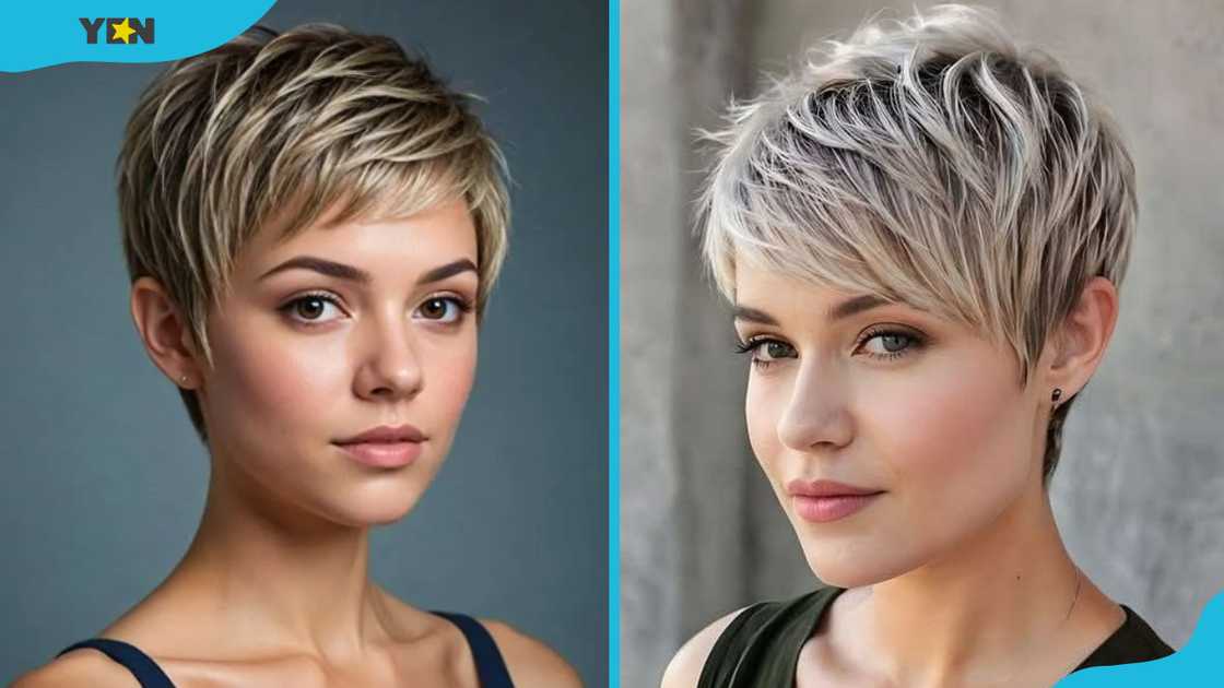 Blonde airy butterfly pixie cut (L). Ash grey airy butterfly pixie cut (R) Blonde airy butterfly pixie cut (L). Ash grey airy butterfly pixie cut (R)