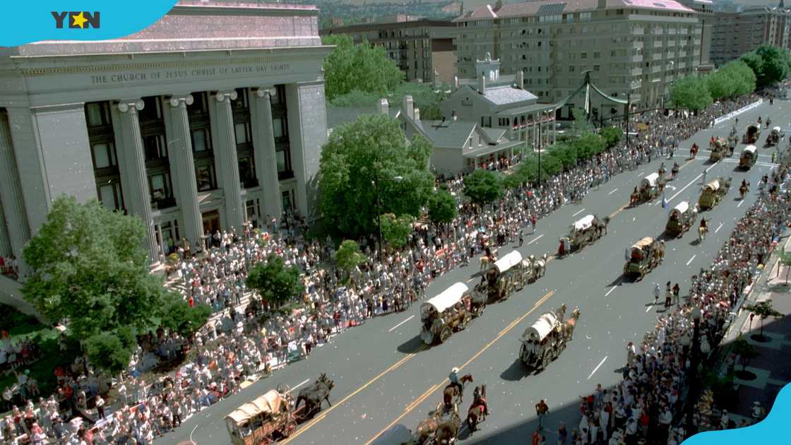 Wagons roll into downtown Salt Lake City during the "Days of 47 Parade". Wagons roll into downtown Salt Lake City during the "Days of 47 Parade".
