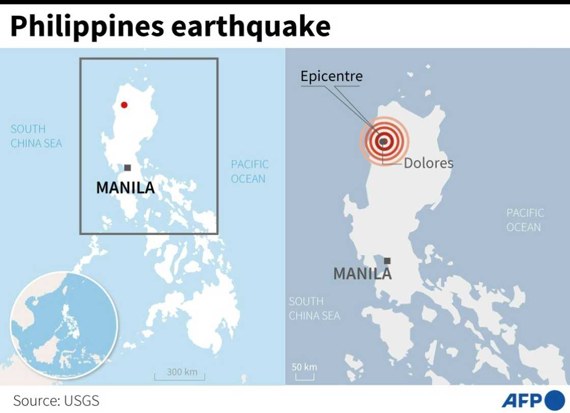 Map locating the epicentre of a magnitude 6.4 earthquake recorded in the northern Philippines on October 25, 11 km east of the city of Dolores