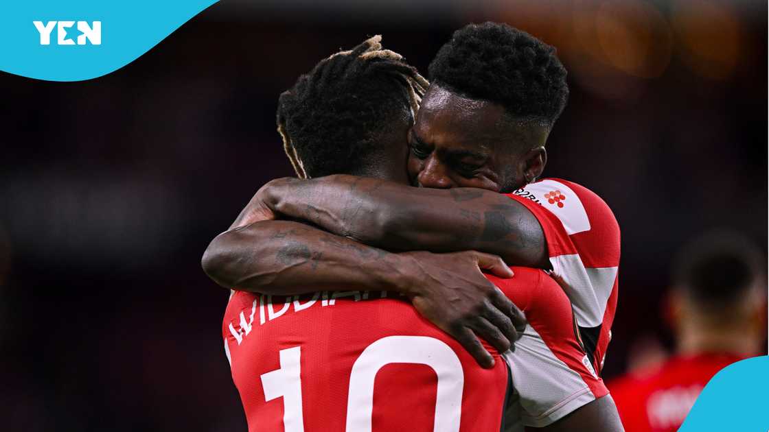 Nico Williams celebrated his goal with Inaki as Bilbao downed AS Roma. Nico Williams celebrated his goal with Inaki as Bilbao downed AS Roma.