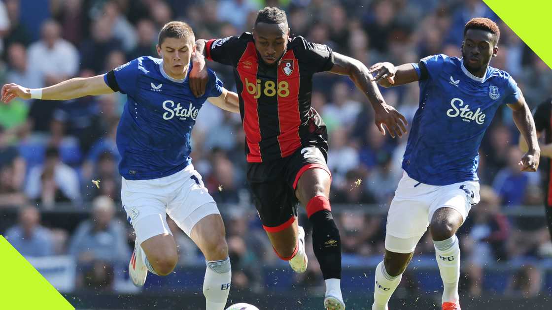 Antoine Semenyo tries to navigate his way past two Everton defenders during Bournemouth's win against the Toffees. Antoine Semenyo tries to navigate his way past two Everton defenders during Bournemouth's win against the Toffees.