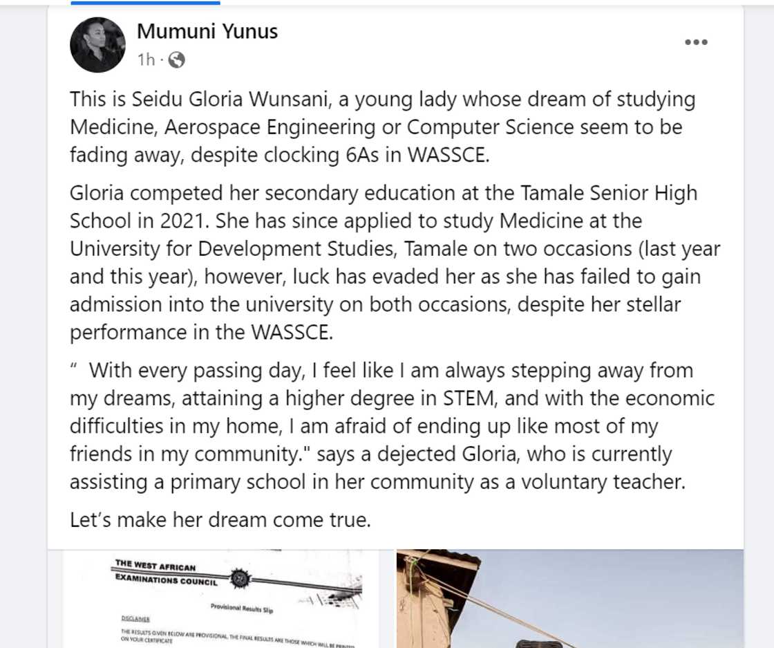 A screenshot of Seidu Gloria Wunsani's WASSCE results. A screenshot of Seidu Gloria Wunsani's WASSCE results.