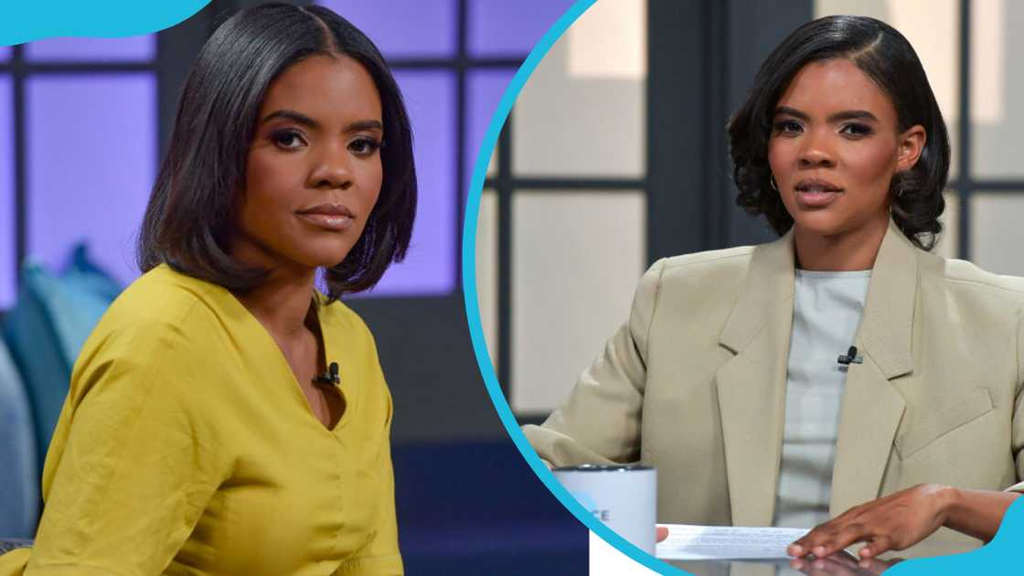 Candace Owens in a yellow dress (L) and a grey attire (R) Candace Owens in a yellow dress (L) and a grey attire (R)
