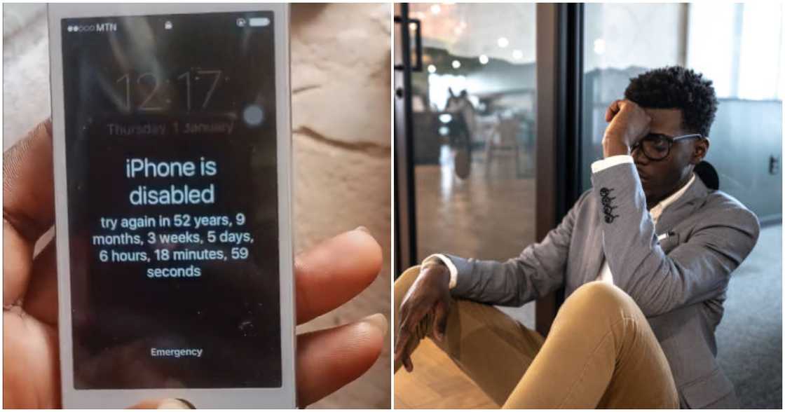 Photo of fake and iPhone and sad looking man Photo of fake and iPhone and sad looking man