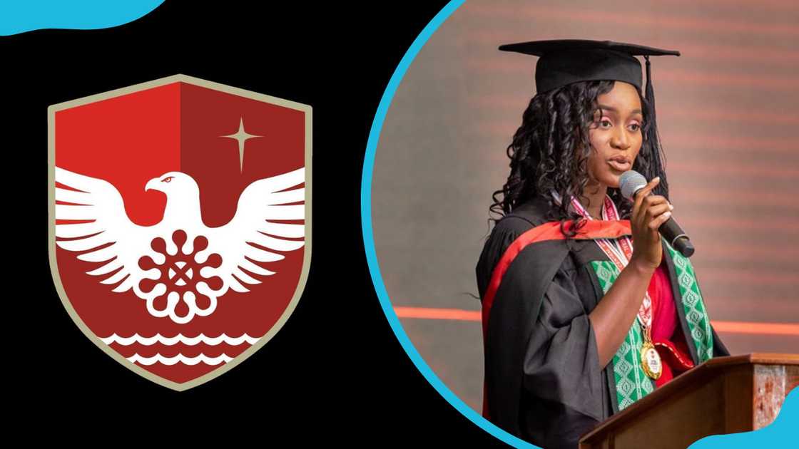 The Central University College logo and a graduate speaking on her graduation day
