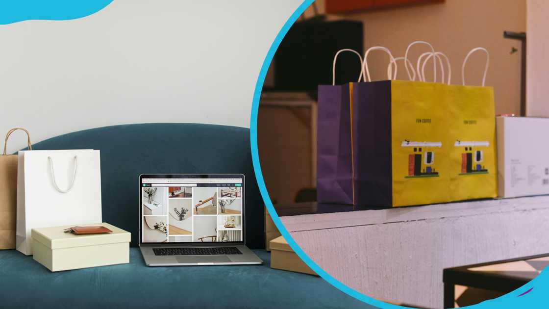 A laptop and several parcels ready for shipping A laptop and several parcels ready for shipping