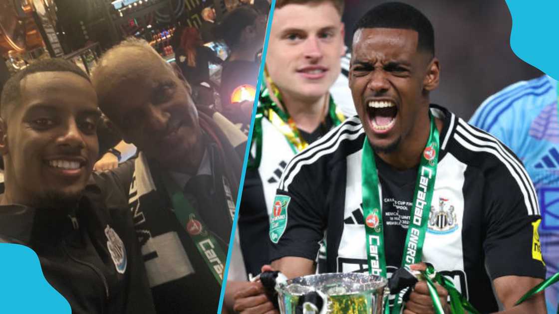 Alexander Isak celebrates Carabao Cup with father. Alexander Isak celebrates Carabao Cup with father.