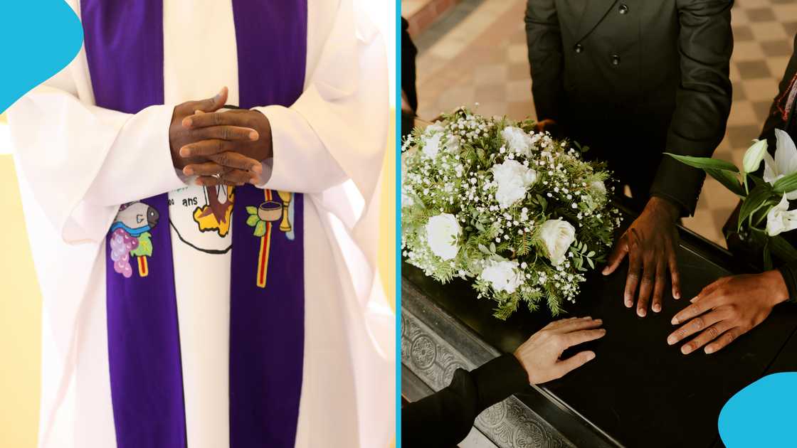 Priest, Catholic priest, Grave side, Coffin, Priest collapse, Health issues, Funeral, Burial service, Cemetery in Ghana, Ghana pastor. Priest, Catholic priest, Grave side, Coffin, Priest collapse, Health issues, Funeral, Burial service, Cemetery in Ghana, Ghana pastor.