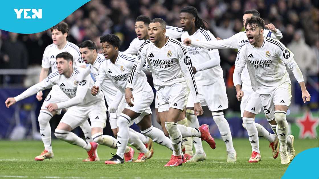 Players of Real Madrid celebrate after edging out Atletico Madrid 4-2 on penalties to advance to the UEFA Champions League 2024/25 quarter-finals Players of Real Madrid celebrate after edging out Atletico Madrid 4-2 on penalties to advance to the UEFA Champions League 2024/25 quarter-finals