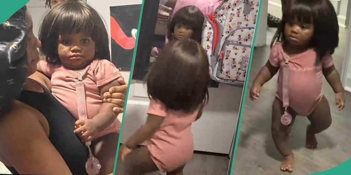 Funny girl rocks her grandmother's fringe wig at home