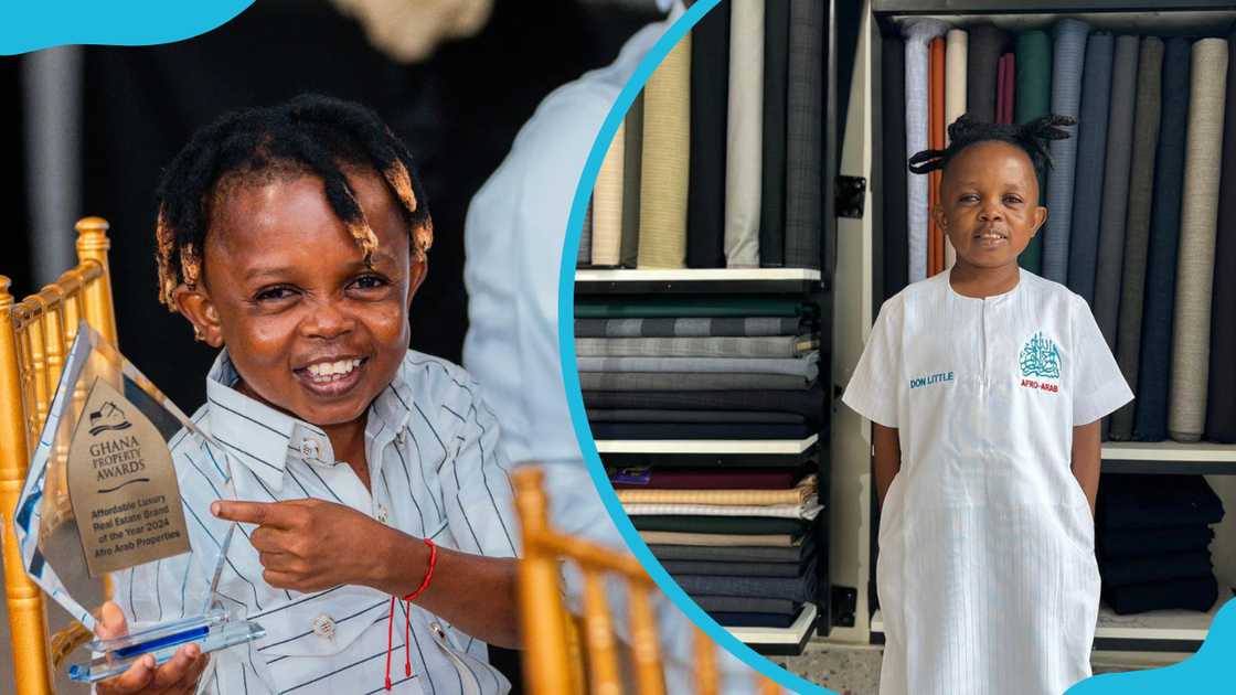 Don Little holds an award and stands in a fabric shop