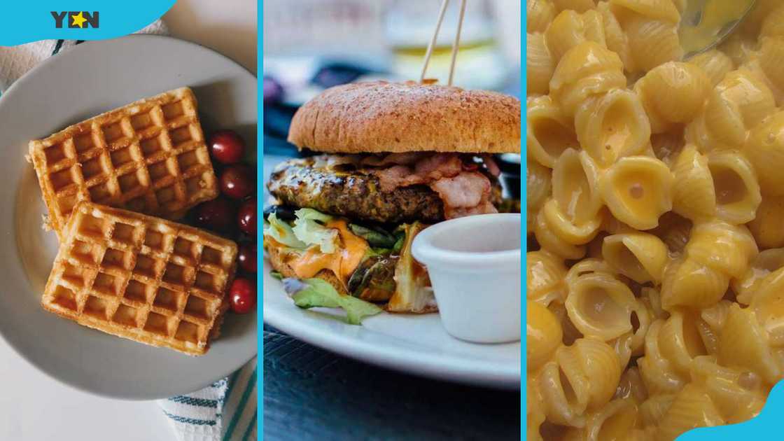 Waffles, burger and mac and cheese Waffles, burger and mac and cheese