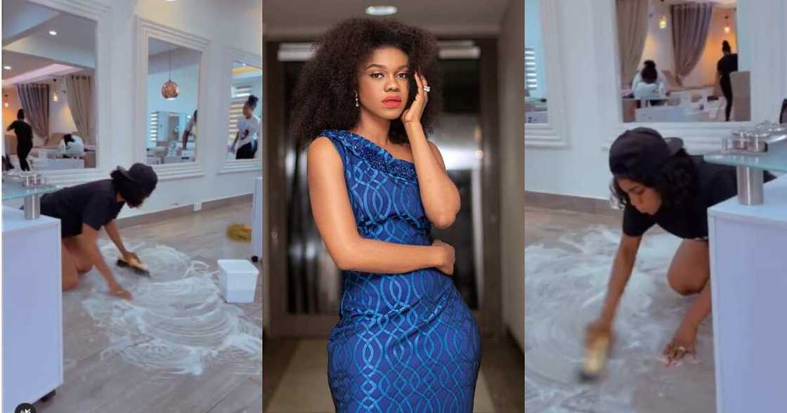 Becca: Singer Captured Scrubbing her Office by Herself in Video; Ghanaians hail her Becca: Singer Captured Scrubbing her Office by Herself in Video; Ghanaians hail her