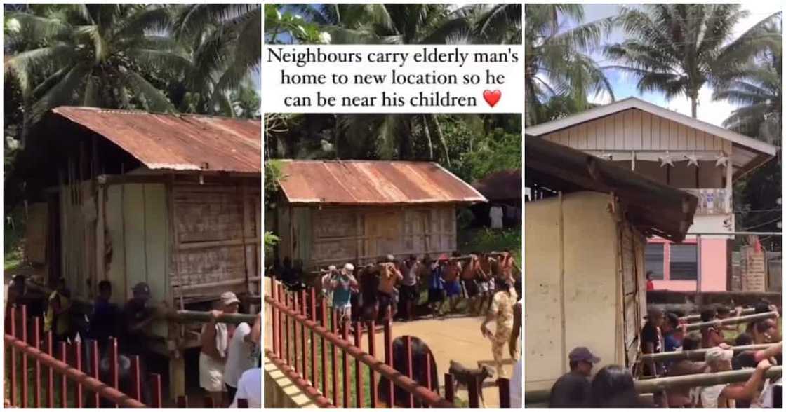 Neighbours carry old man's house, Zamboanga del Norte in the Philippines, 7ft-high structure