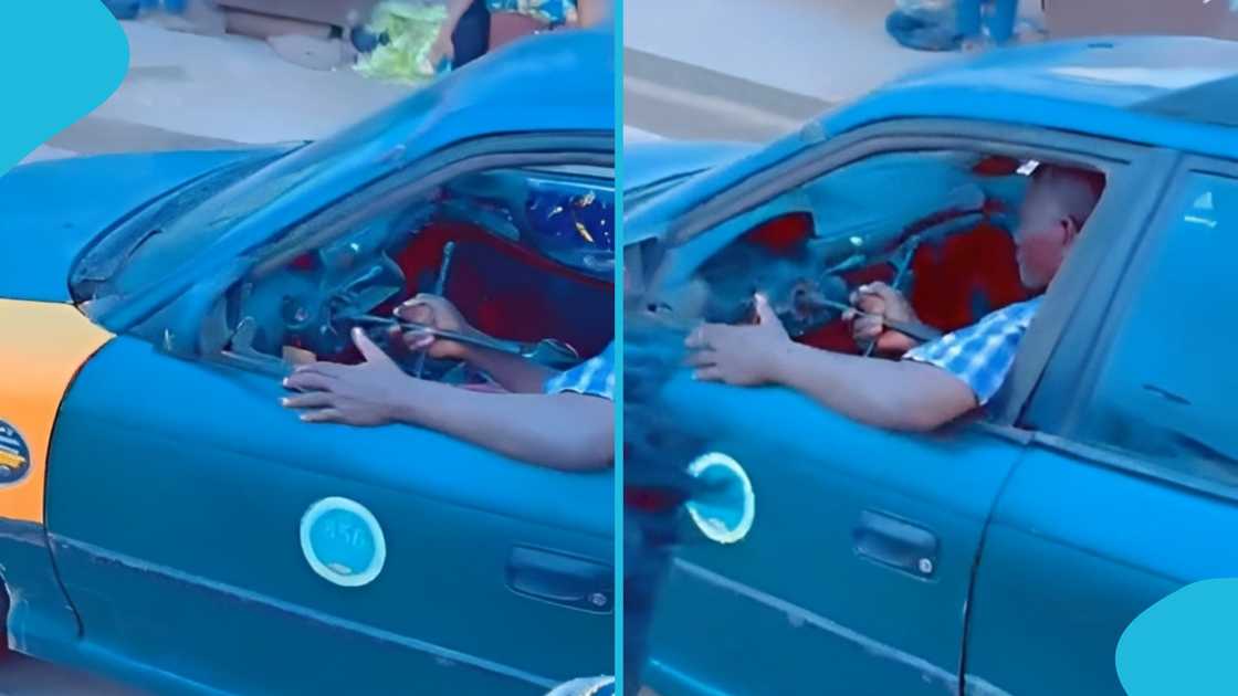 Ghanaian taxi driver, Taxi driver, Elderly man, Cross-rim spanner, Steering wheel