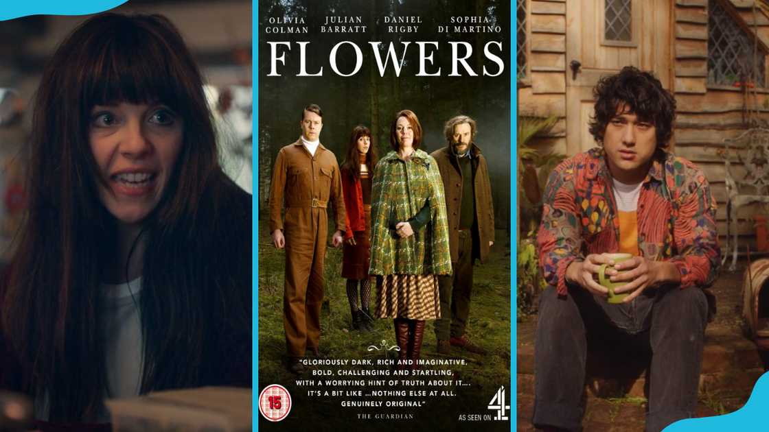 Sophia Di Martino (L), Flowers promotional poster (C), Will Sharpe (R). Sophia Di Martino (L), Flowers promotional poster (C), Will Sharpe (R).