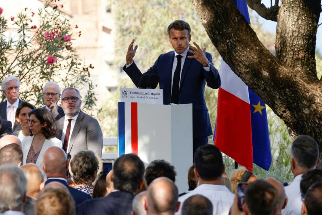 French President Emmanuel Macron delivers a speech during a meeting with members of the French community at the French ambassador to Algeria's residence French President Emmanuel Macron delivers a speech during a meeting with members of the French community at the French ambassador to Algeria's residence