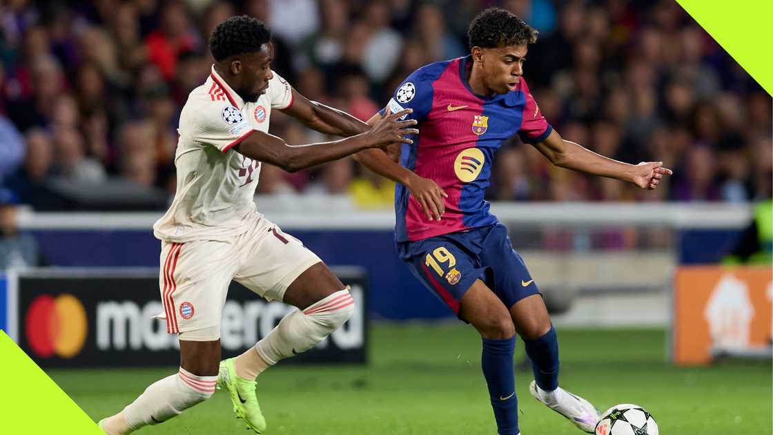 Barcelona's Lamine Yamal tries to go past Bayern Munich defender Alphonso Davies. Barcelona's Lamine Yamal tries to go past Bayern Munich defender Alphonso Davies.