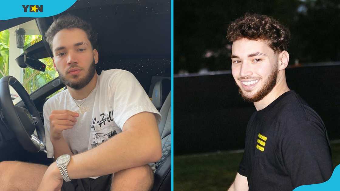 Images of Adin Ross in a car (L) and wearing a black T-shirt Images of Adin Ross in a car (L) and wearing a black T-shirt