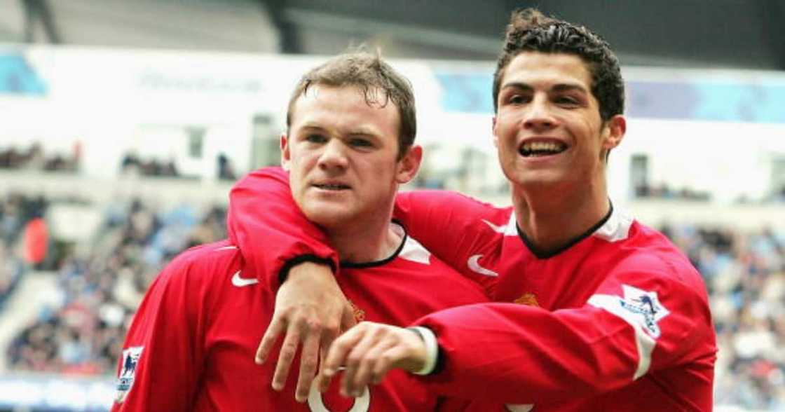 Wayne Rooney and Cristiano Ronaldo (R) celebrate scoring the first goal during a match against Man City on February 13 2005. (Photo by Matthew Peters/Manchester United via Getty Images) Wayne Rooney and Cristiano Ronaldo (R) celebrate scoring the first goal during a match against Man City on February 13 2005. (Photo by Matthew Peters/Manchester United via Getty Images)
