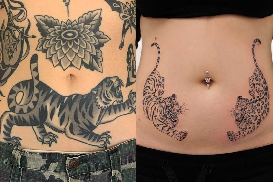 A woman with a black tiger tattoo (L) and another with a tiger and jaguar tattoo (R) A woman with a black tiger tattoo (L) and another with a tiger and jaguar tattoo (R)