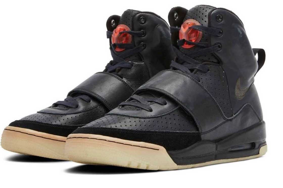 A pair of Kanye West Nike Air Yeezy 1 'Prototype' on a white background A pair of Kanye West Nike Air Yeezy 1 'Prototype' on a white background